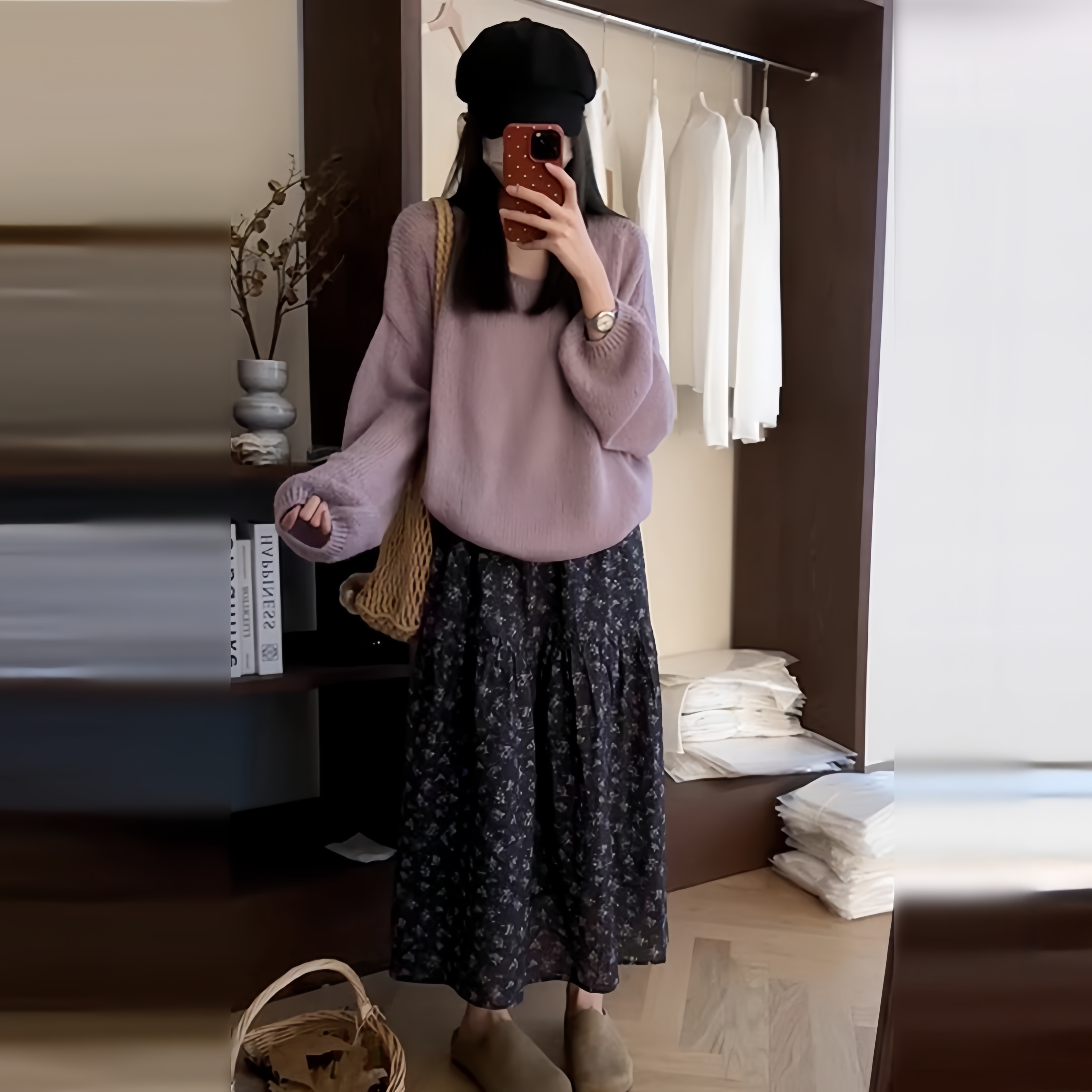 早秋穿搭减龄一整套女装2025新款宽松长袖紫色毛衣碎花半身裙套装