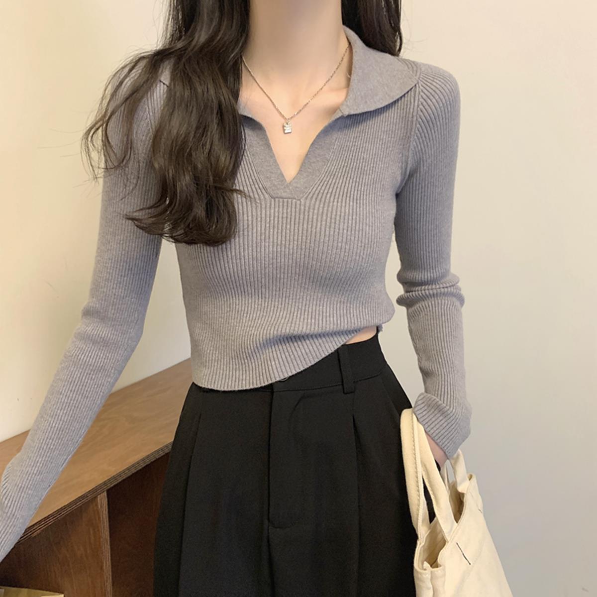 纯欲V领坑条螺纹针织毛衣女春秋季修身polo翻领甜辣短上衣打底衫