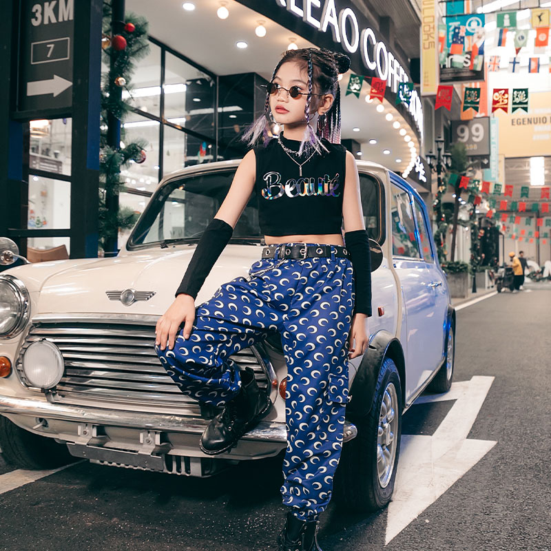 女童爵士舞服装潮酷儿童演出服套装jazz上衣裤子少儿街舞嘻哈衣服
