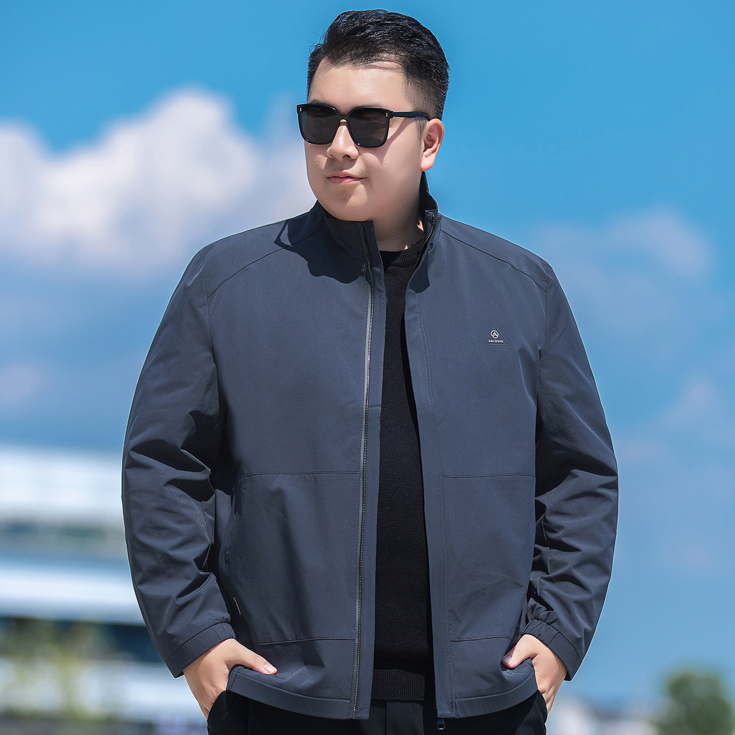 加肥加大宽松春秋男装夹克外套肥佬休闲立领茄克胖子纯色男士上衣