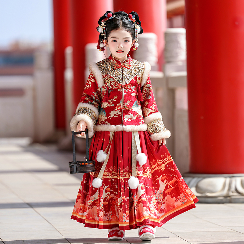 女童拜年服2025新款儿童中国风汉服套装马面裙唐装喜庆过年服冬装