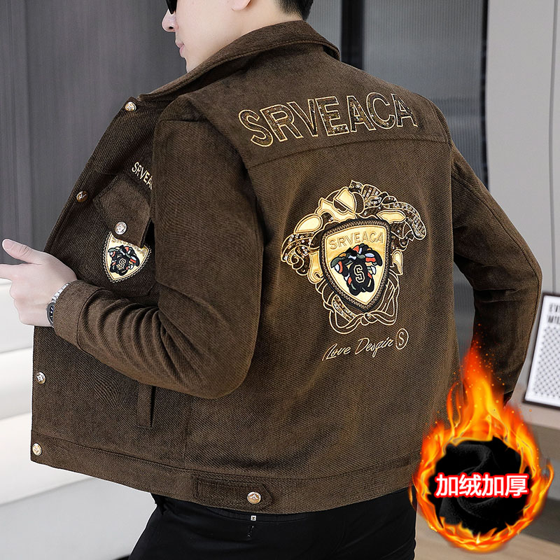 男士翻领夹克外套秋冬新款时尚秋冬季欧货潮流刺绣潮牌字母休闲