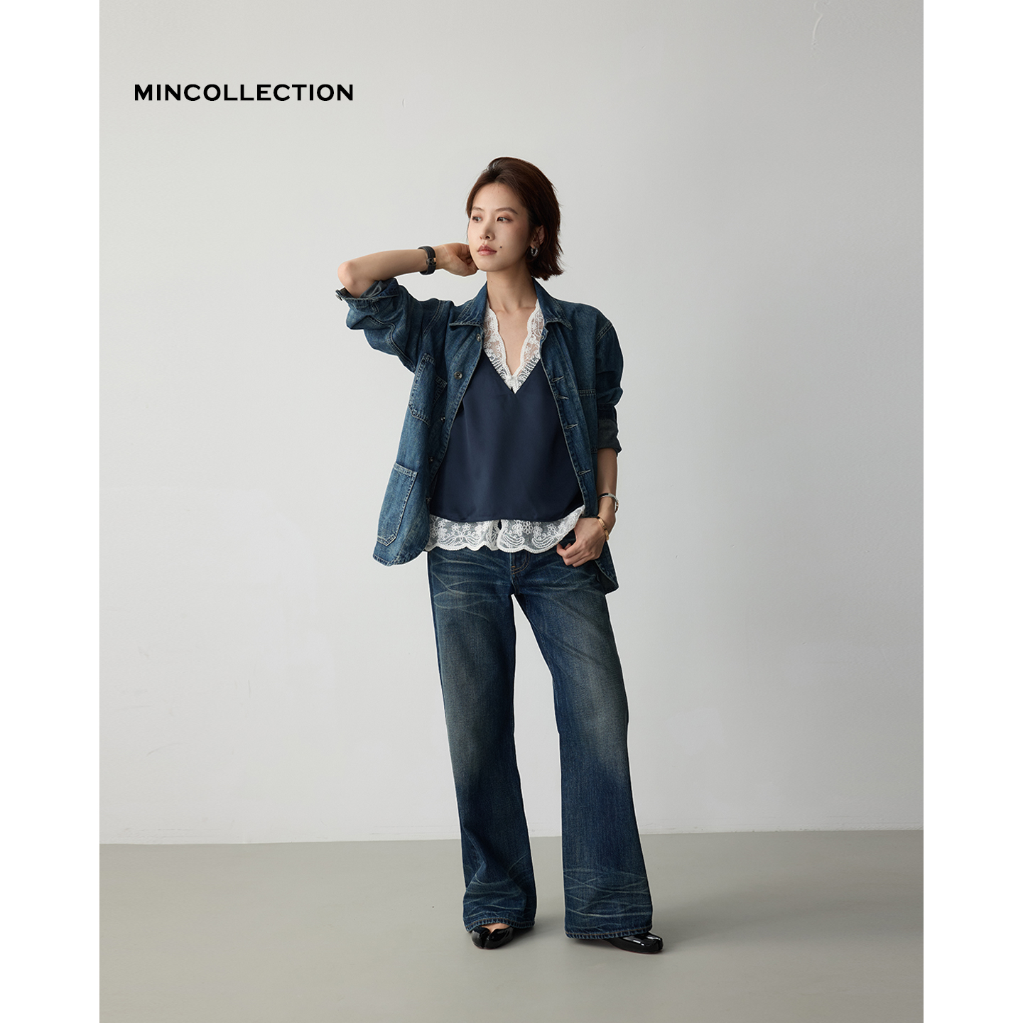 DE Mincollection水波纹牛仔/复古水洗蓝白扎花纹做旧牛仔裤40373