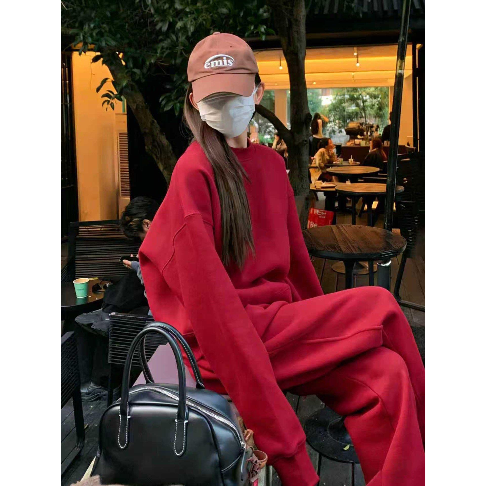 高级感秋冬加绒加厚红色过年卫衣套装女休闲慵懒风运动服两件套潮