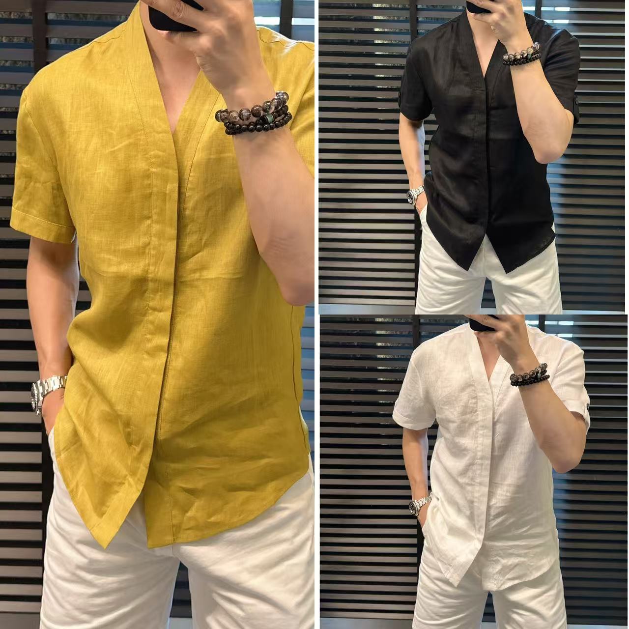東•Dongzi 轻奢夏季新款男士亚麻V领设计简约衬衫8035