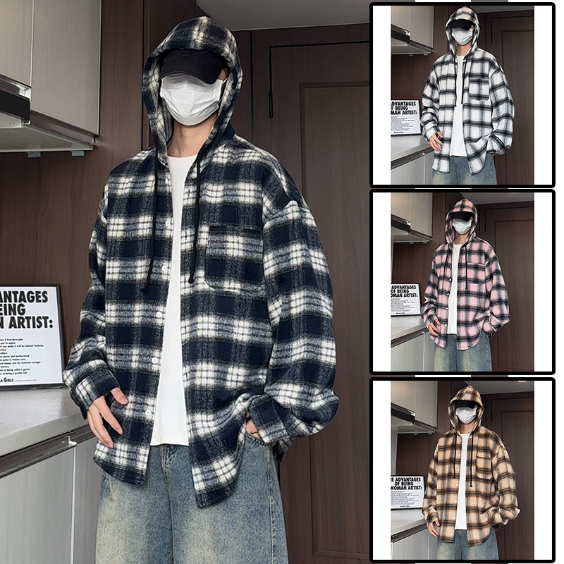 新款秋装格子连帽衬衫外套男慵懒风ins男女同款韩版港味格纹衬衣