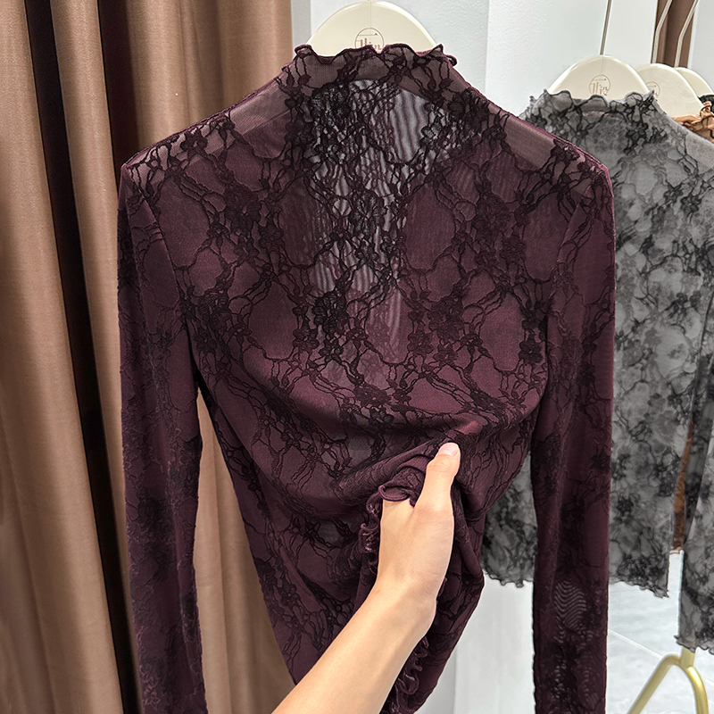 复古感红色半高领扎染网纱打底衫上衣女洋气长袖木耳边内搭蕾丝衫