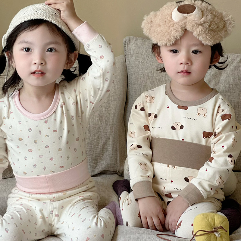 宝宝保暖内衣套装秋冬纯棉弹力秋衣秋裤分体儿童高腰护肚睡衣无骨