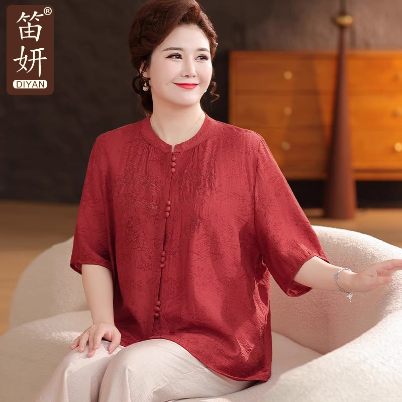 胖妈妈夏装棉麻短袖衬衫中老年女装特大码刺绣衬衣宽松藏肉上衣女