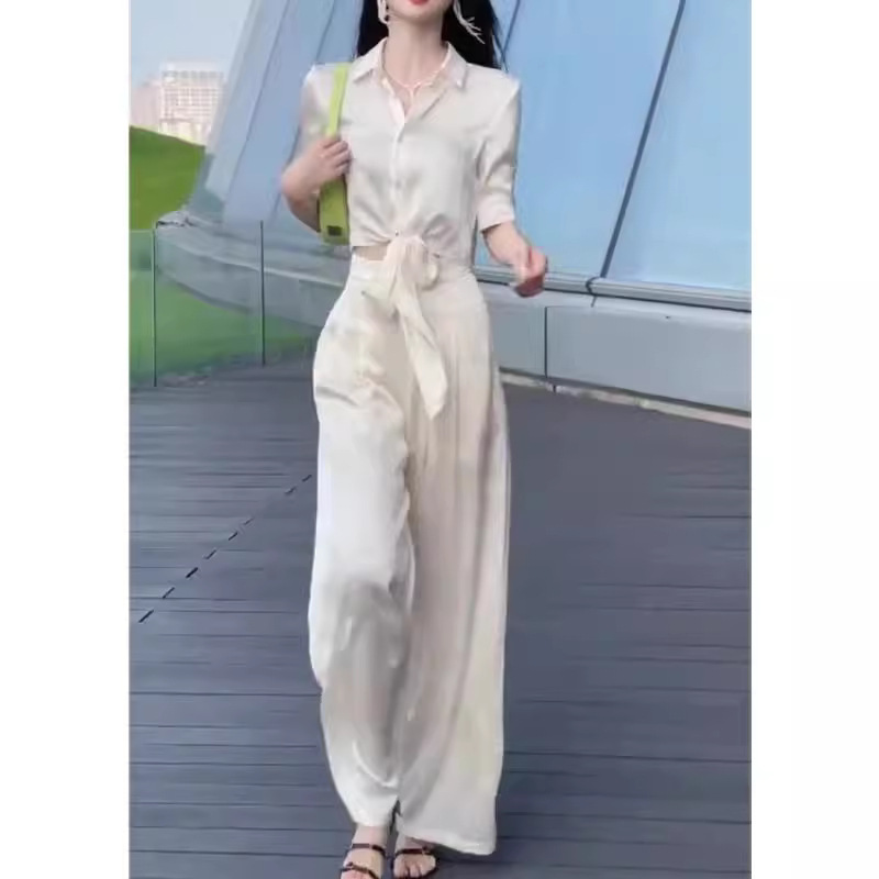 24211大爱美依缘2025夏季新款时尚翻领系带衬衫垂感显瘦阔腿裤女