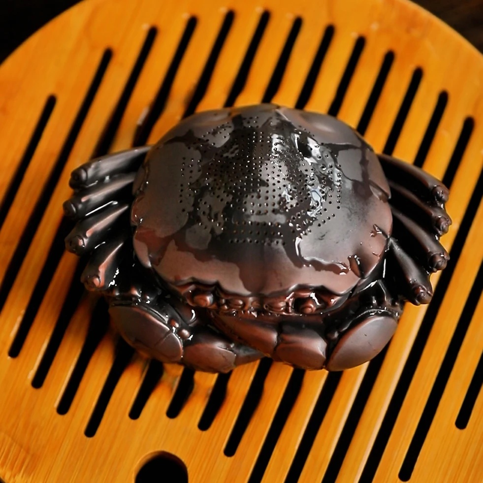 紫陶螃蟹茶漏茶叶过滤网手工紫陶茶宠摆件茶滤茶道配件滤茶器盖置