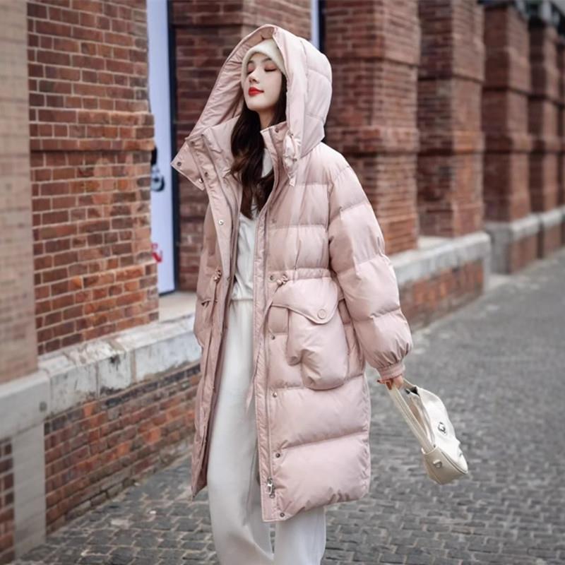 立赐2025冬季新款韩版高端羽绒服女中长款收腰修身显瘦连帽白鸭绒