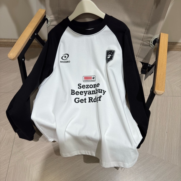 男童春季纯棉长袖T恤黑白拼色插肩袖韩版撞色套头印花白色时尚