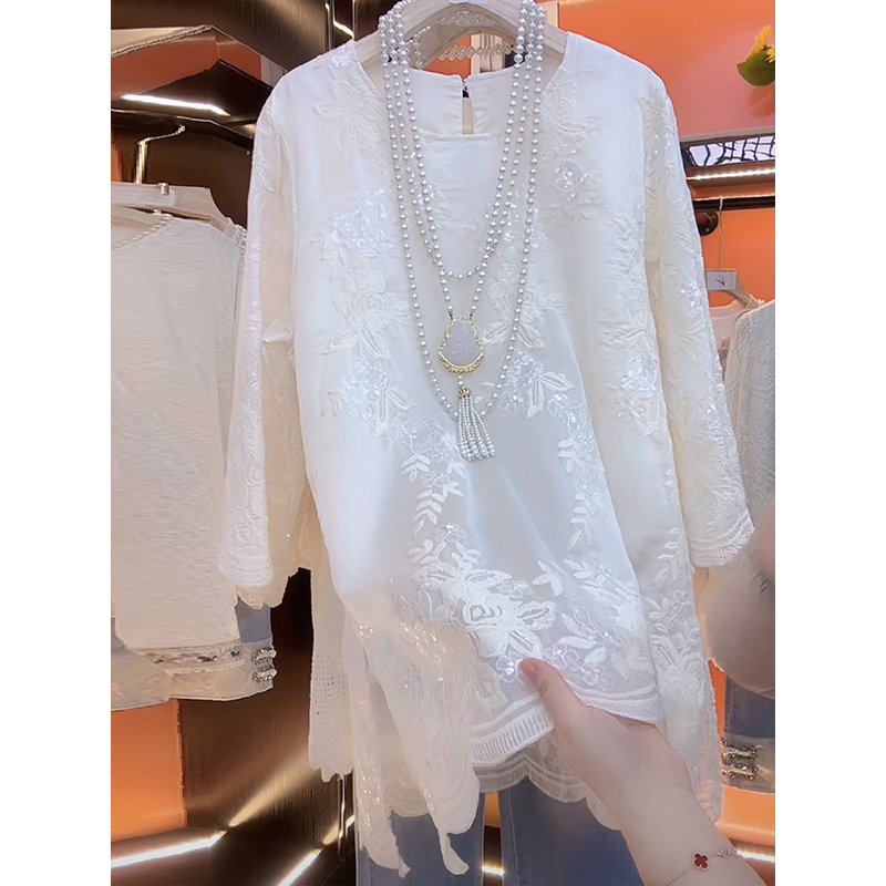 3535高级感重工蕾丝小衫女2025春夏新款时尚宽松亮片镂空提花衬衣