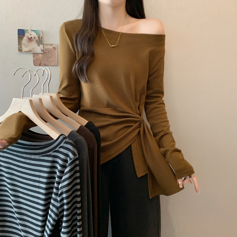 2025年新款洋气绑带秋季设计感斜领打底T恤老钱风百搭ins长袖小众