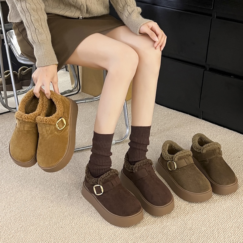 女鞋勃肯鞋棉鞋牛皮女冬季加绒保暖搭子厚底一脚蹬毛毛鞋W808