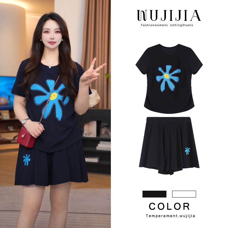 五季家夏季套装藏青两件套短袖运动休闲T恤半裙大码女装ZL108272