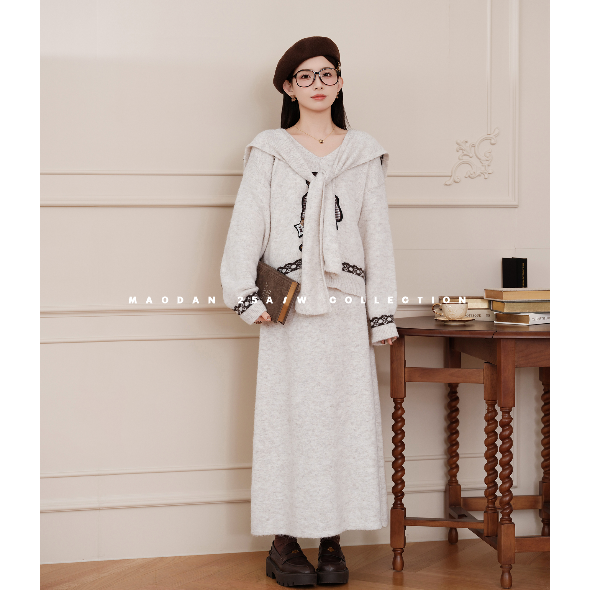 maodan/猫单【维尼威化】【羊毛】孕妇套装冬季披肩上衣半身裙三件套