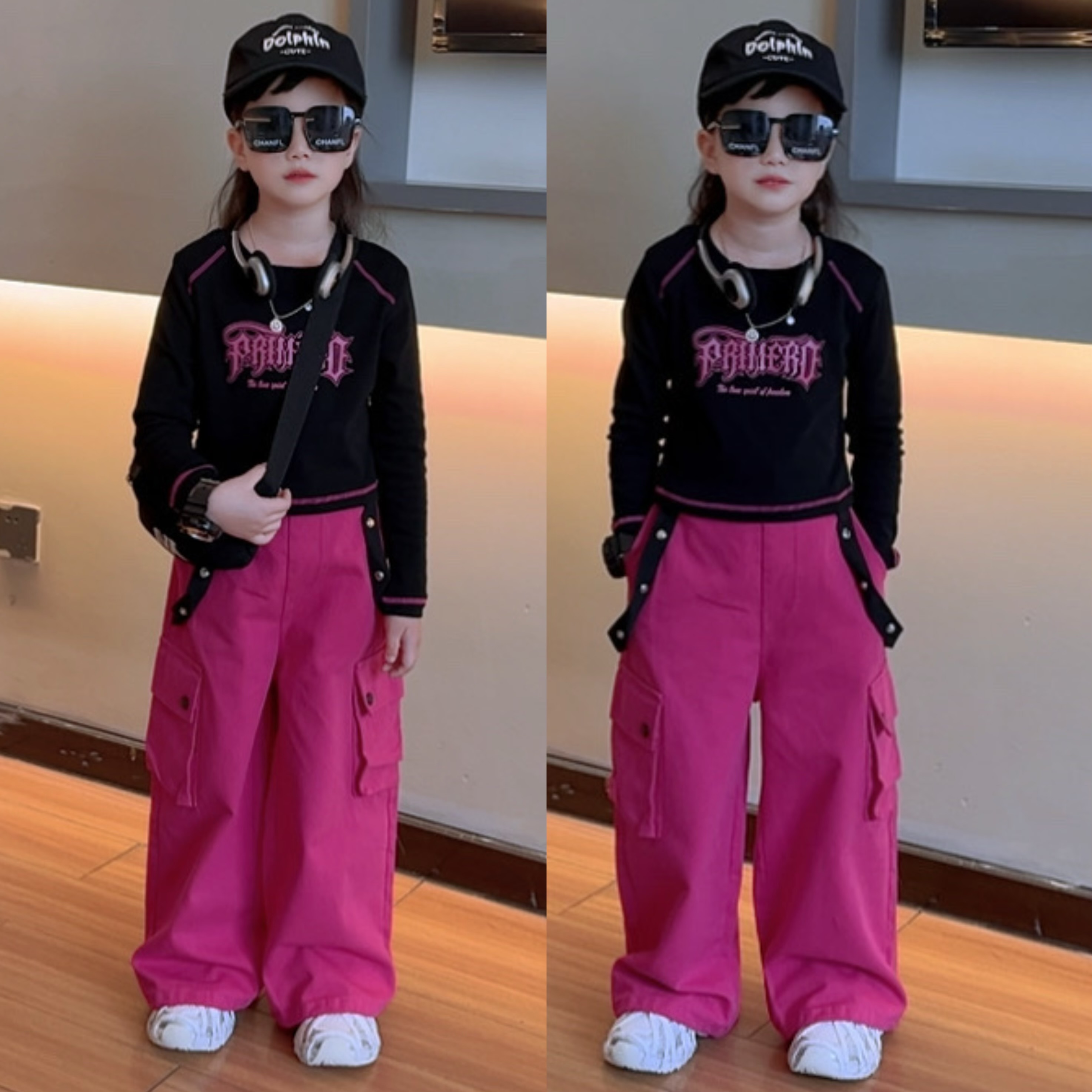 女童秋装套装中大童洋气女孩春秋款T恤打底衫时尚工装裤两件套