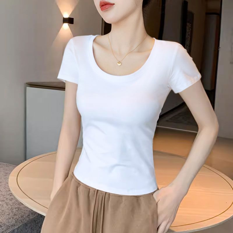 白色圆领短袖t恤女夏季新款修身低领体恤性感正肩紧身半袖上衣潮
