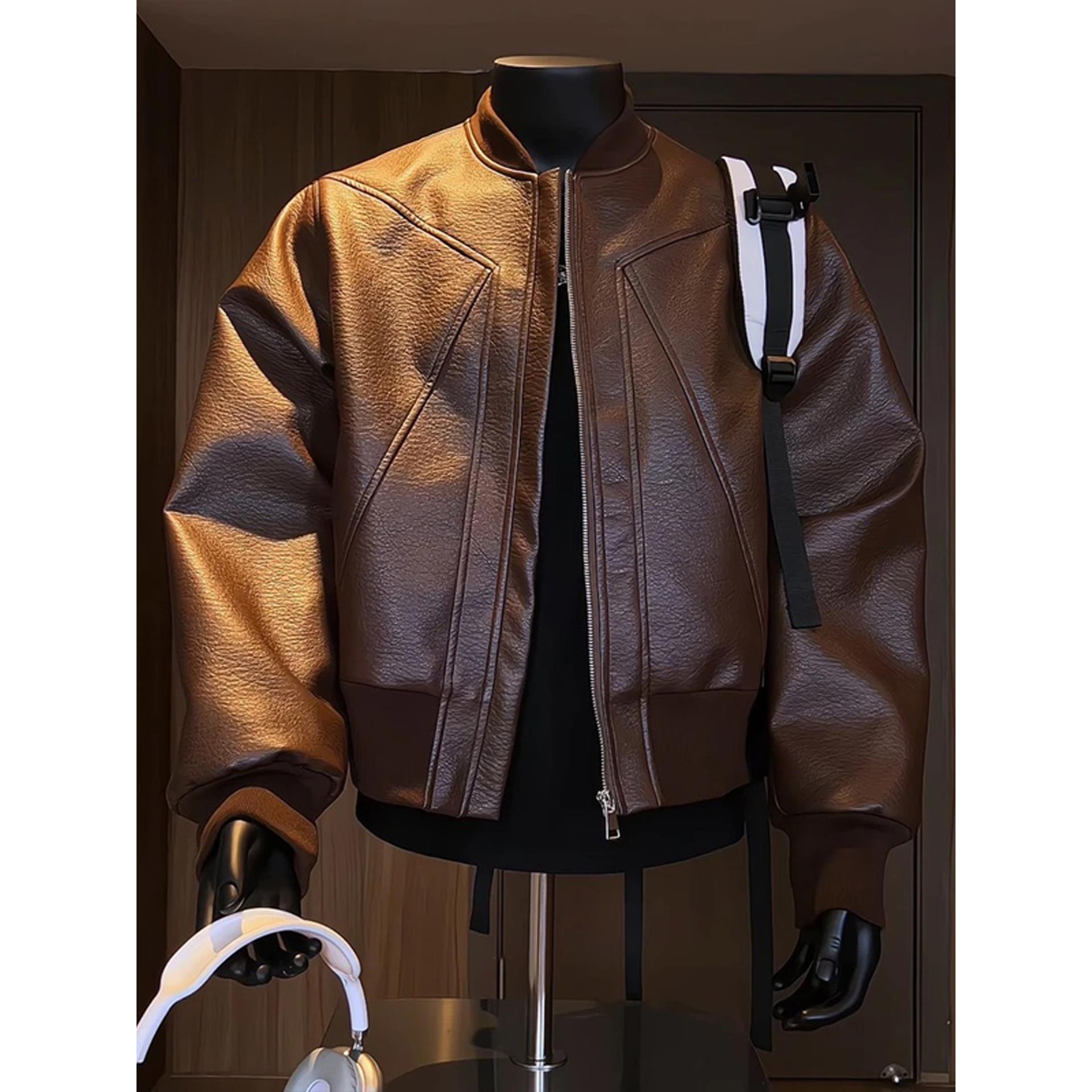 美拉德咖色短款机车皮衣男秋春bomber外套boxy版型美式棒球领夹克