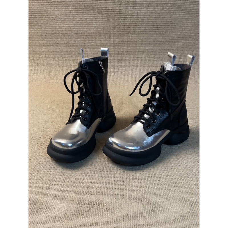 nnmiss·34-39/6cm小个子圆头拼色系带马丁靴新款复古运动厚底短靴