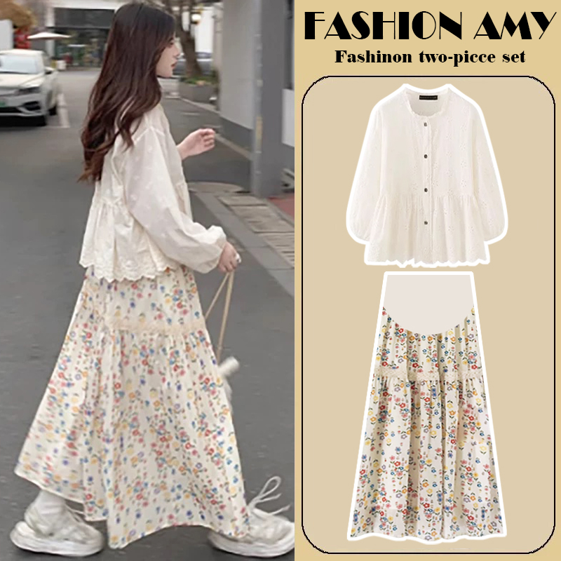 孕妇套装春夏新款时尚法式气质温柔风刺绣花边衬衫显瘦碎花半身裙
