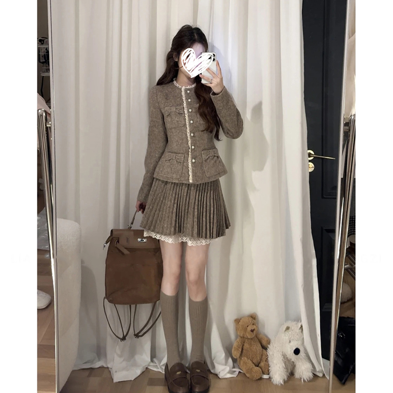 【温莎少女】早秋千金风蝴蝶结木耳边外套收腰显瘦半身裙