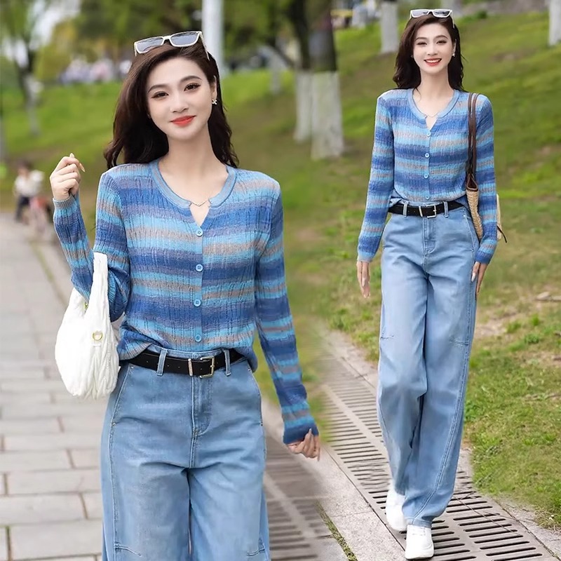时尚彩虹条纹长袖针织衫女2025春季新款宽松显瘦百搭毛衣开衫上衣
