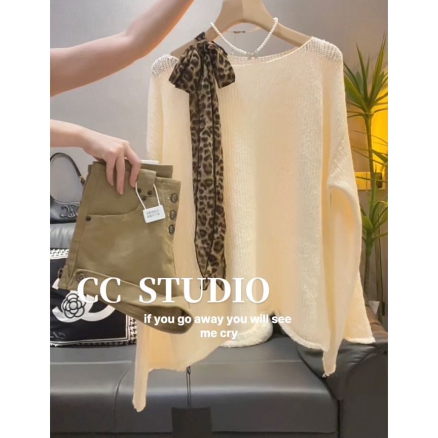 杏色豹纹丝带拼接针织衫女秋季新款休闲宽松气质斜肩毛衣