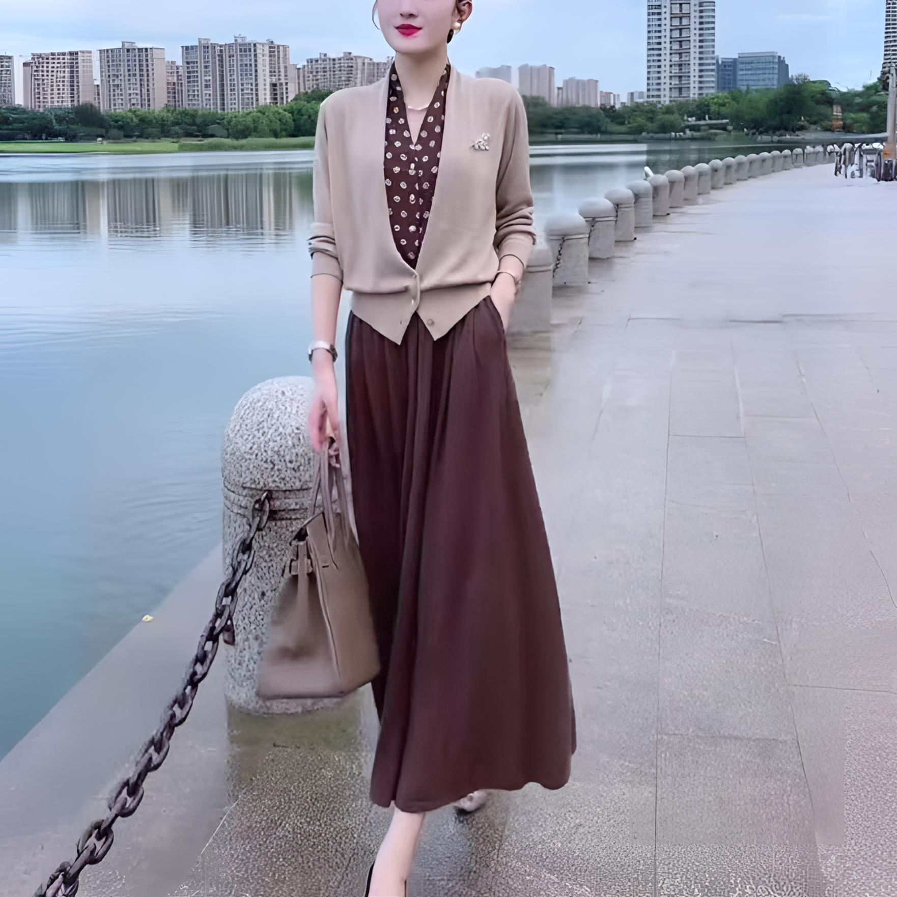 两穿气质波点针织衫开衫女外套秋冬高腰A字垂感中长款半身裙套装