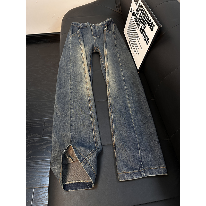 复古蓝弯刀牛仔裤男秋冬季加绒加厚裤子高腰系皮带显瘦水洗微喇裤