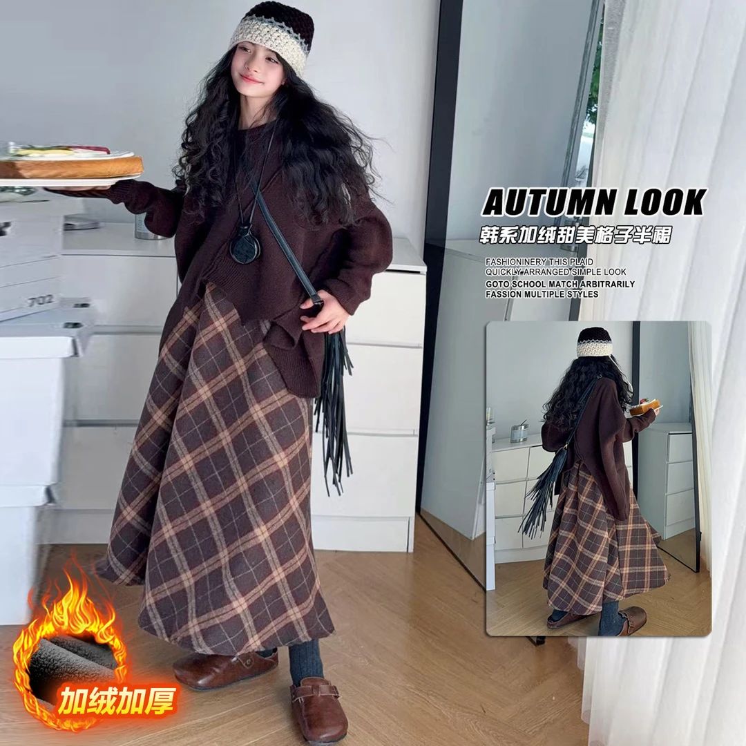女童2025秋冬森系穿搭复古百搭不规则宽松毛衣格子半身裙洋气套装