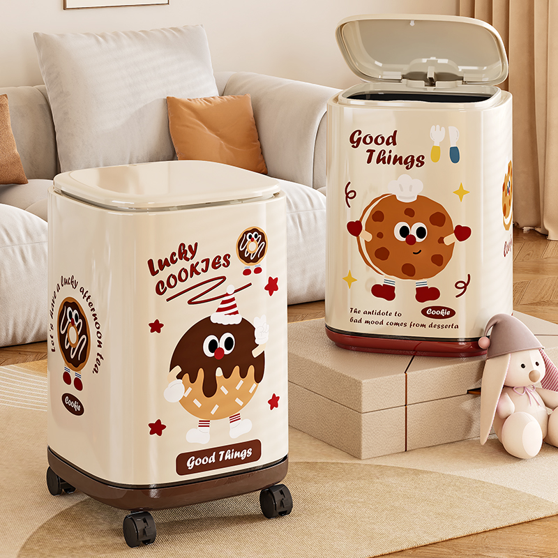 可移动垃圾桶家用大容量带轮卡通客厅卧室厨房按压带盖卫生间纸篓