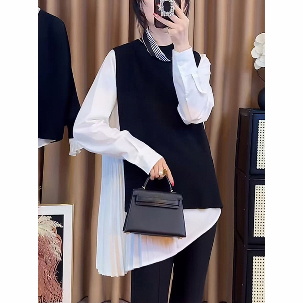 2025秋季新款高级感洋气减龄叠穿内搭打底衬衫针织马甲套装两件套