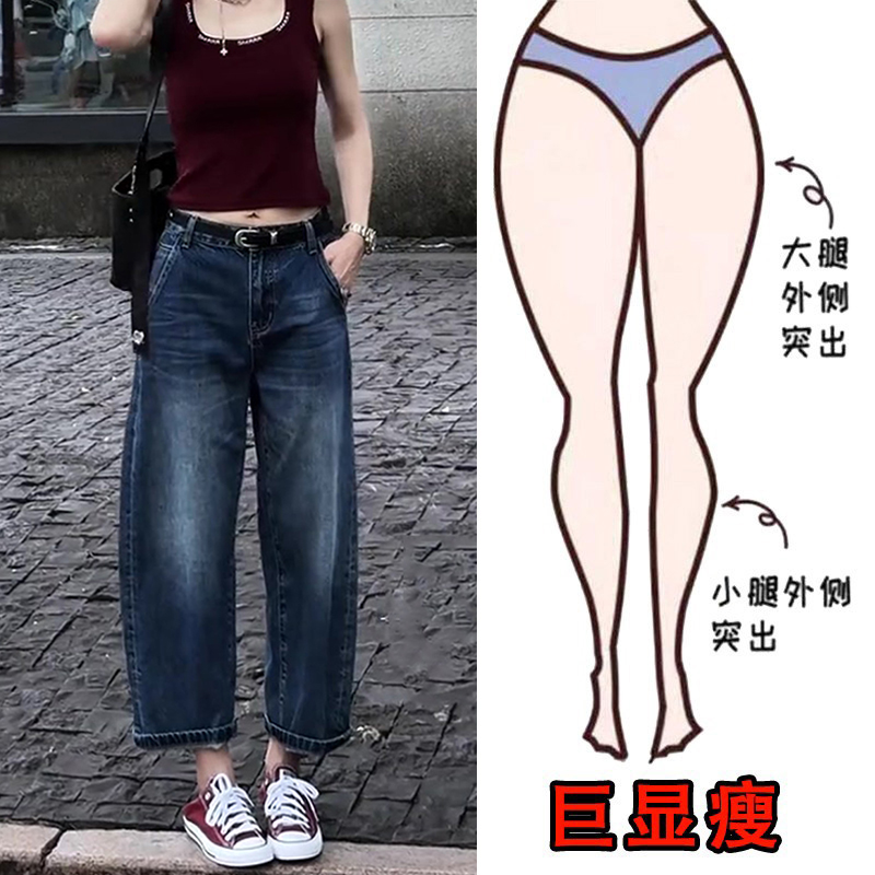 2025秋冬新款大码女装高腰哈伦牛仔裤梨形身材显瘦九分窄版阔腿裤