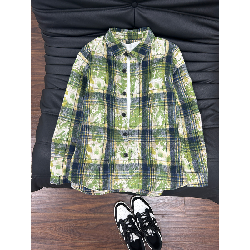 美式扎染绿色格子衬衫男款秋季设计感痞帅长袖衬衣宽松情侣装外套