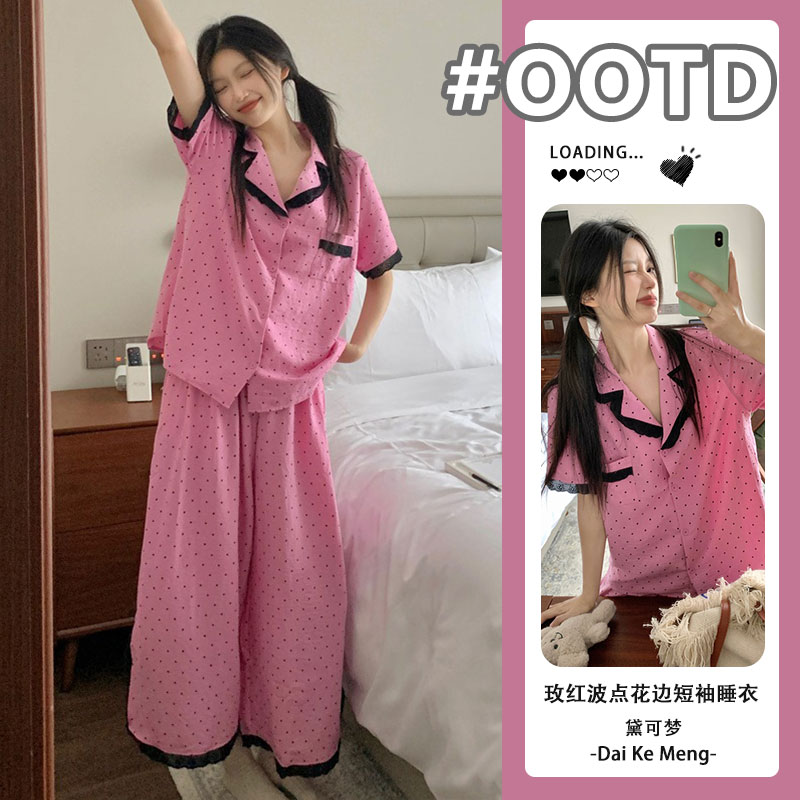 韩版气质黄底黑边波点ins甜美睡衣女蕾丝边翻领短袖家居服两件套