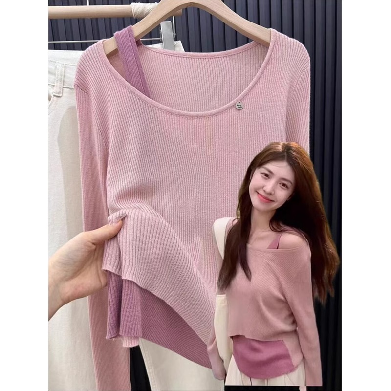 粉色假两件针织衫女早秋韩系穿搭打底衫露肩高级感小众不撞款上衣