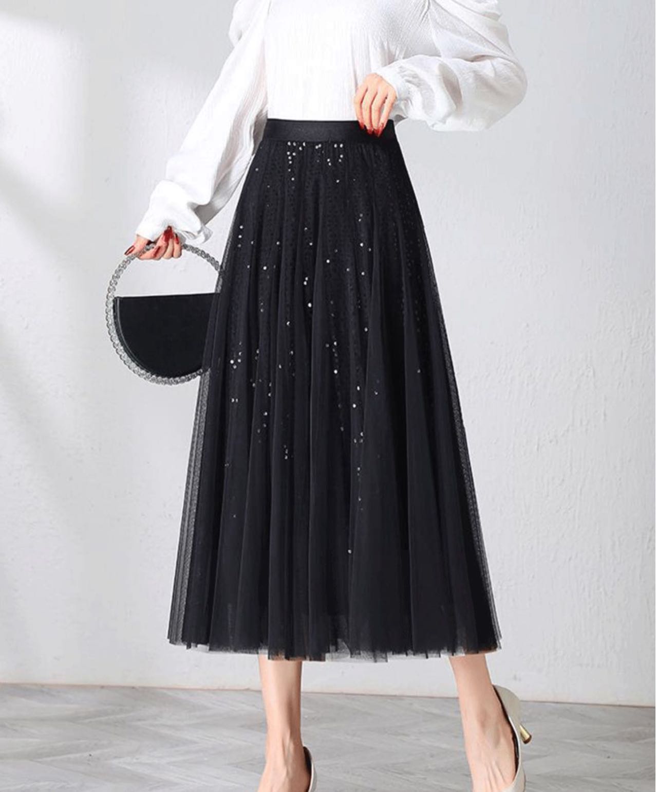 MSSY美舒尚衣，长款亮片双面可穿百褶裙高腰百搭纱裙秋冬60007