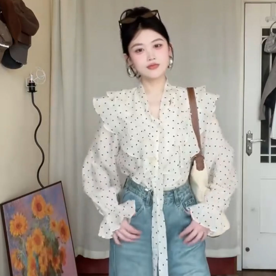 【2515】大码女装胖mm名媛风荷叶边显瘦衬衫秋季甜美喇叭袖衬衣上衣