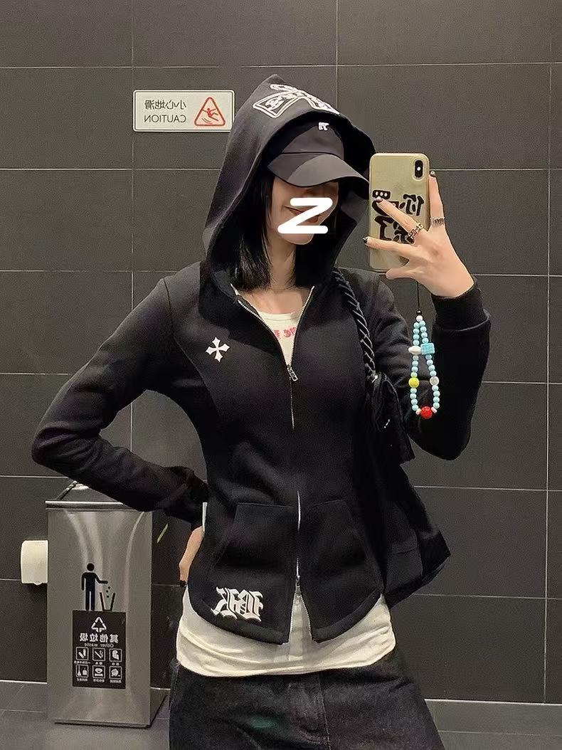 花生酱美式辣妹十字架印花连帽卫衣女修身显瘦收腰短款外套