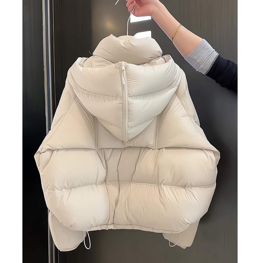 【现货】米白色立领连帽棉服女2025冬季新款抽绳时尚保暖加厚短外套