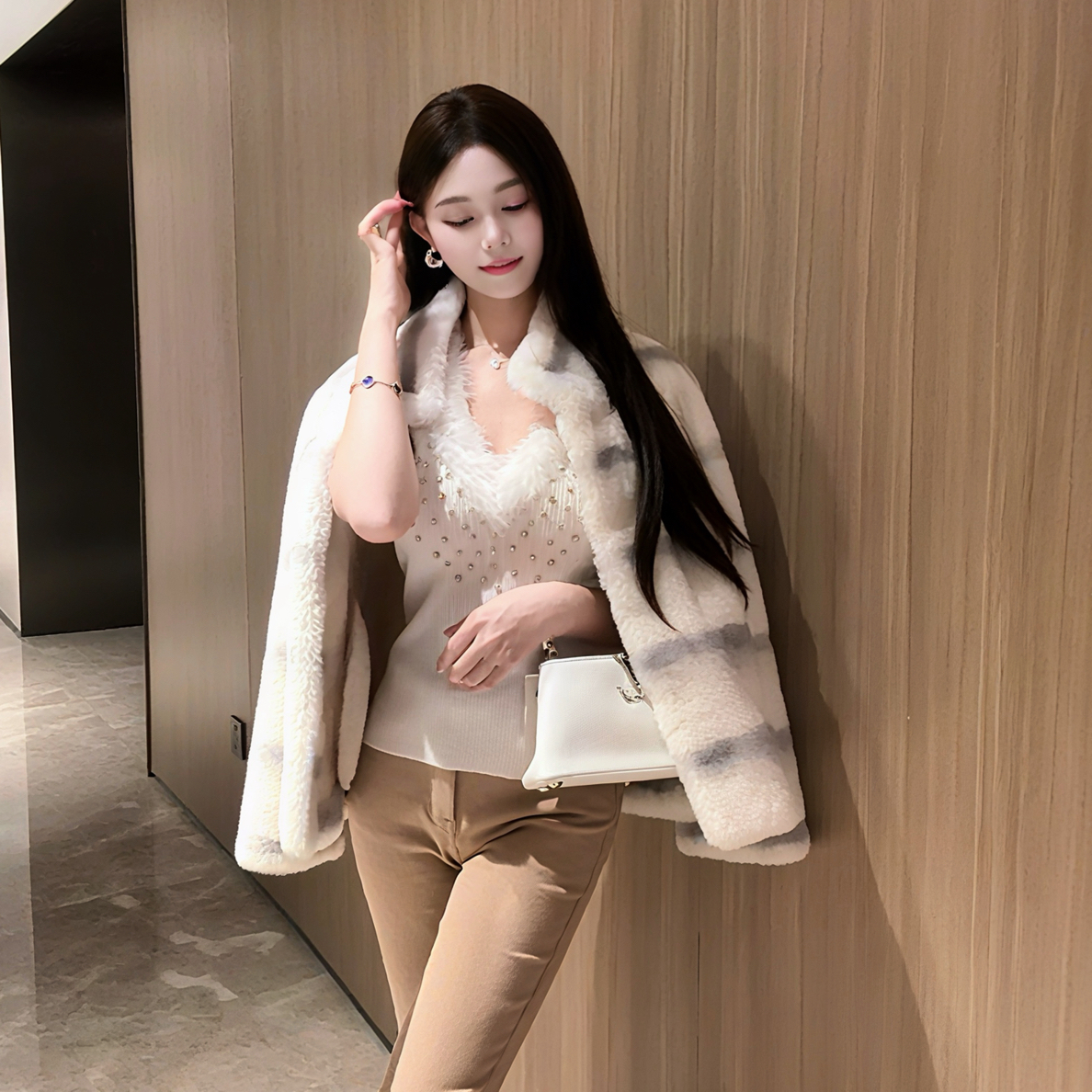 冬季气质款雪山晕染仿獭兔毛毛横排渐变皮毛一体外套