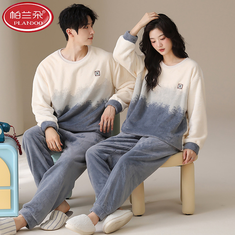 帕兰朵法兰绒秋冬季情侣睡衣珊瑚绒圆领套头长袖长裤柔软保暖男女