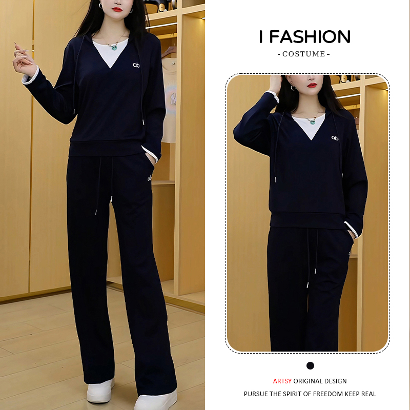 高含棉时尚拼接套装女2025年春秋新款高级感百搭上衣休闲裤两件套