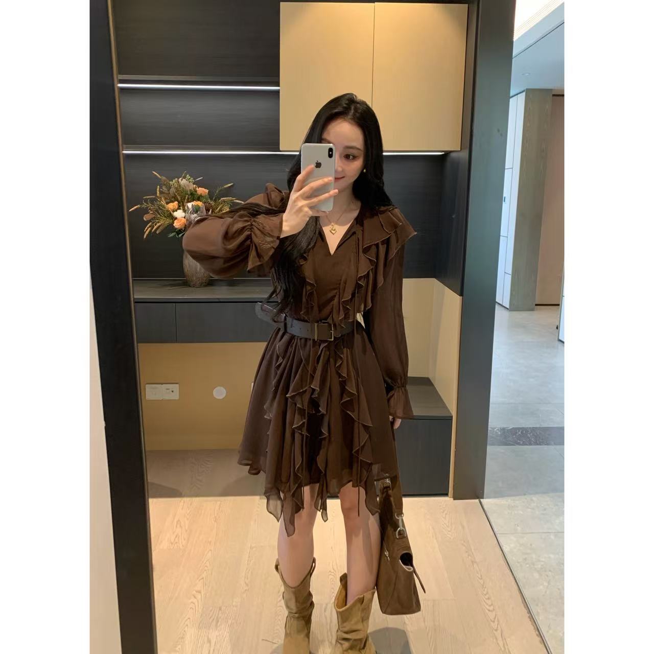 XINYI【伯拉德千金】秋季木耳边雪纺连衣裙收腰显瘦裙X625Q13754