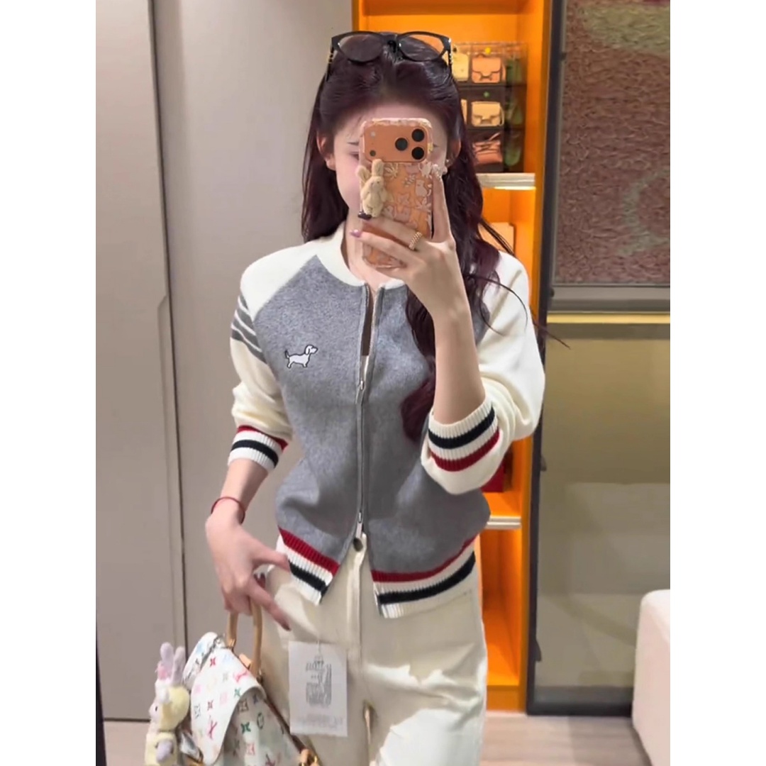 韩系学院风拼色针织开衫外套女早秋外穿小个子宽松短款棒球服上衣