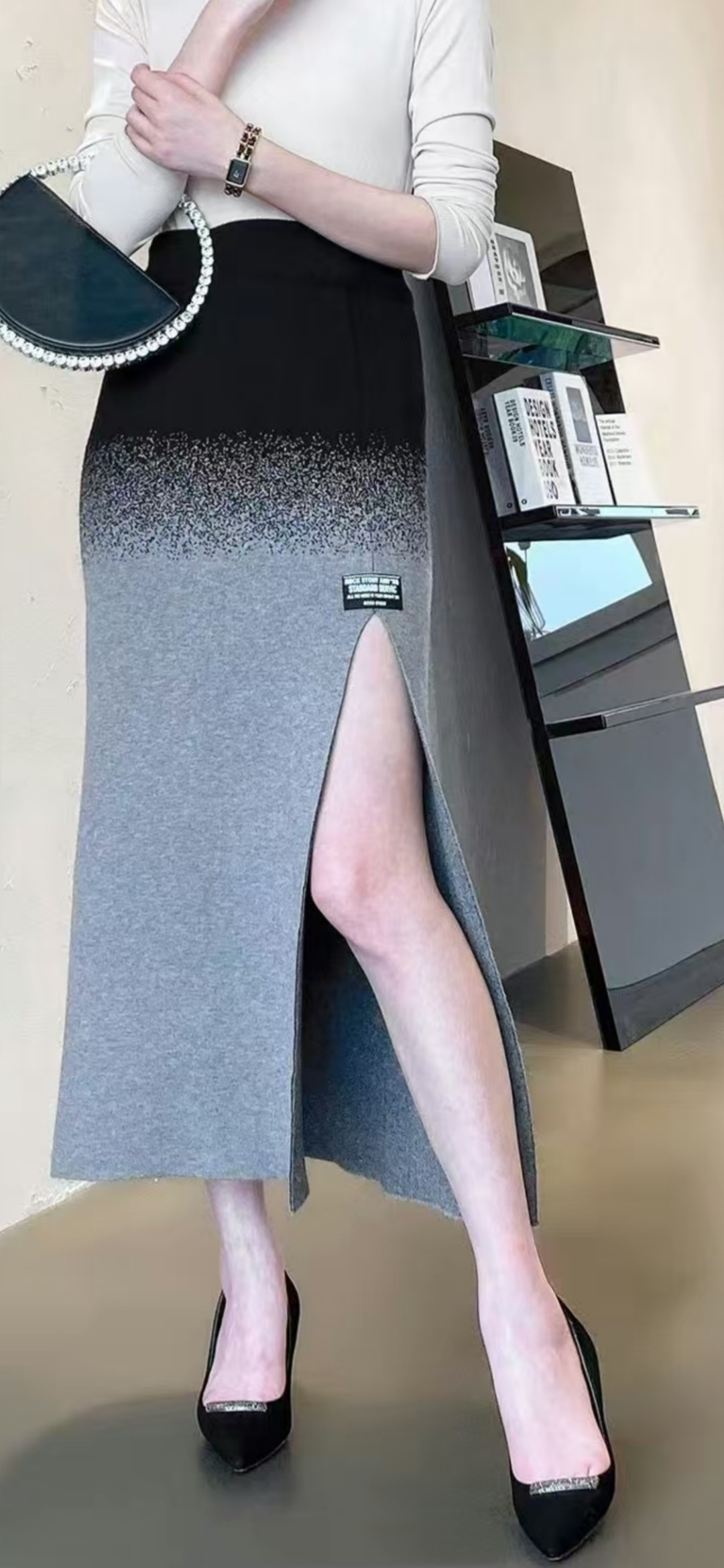 9128 祺欣家 秋冬法式渐变扎染开叉包臀裙小众设计高级感针织半裙