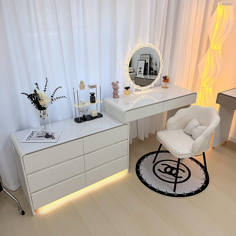 2025新款智能实木梳妆台收纳柜一体简约高级化妆桌卧室现代奶油风